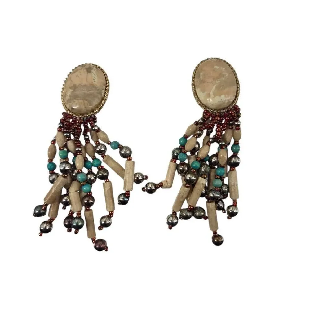 Vintage Beaded Statement Clip-On Earrings | Cabochon Fringe | 3.75